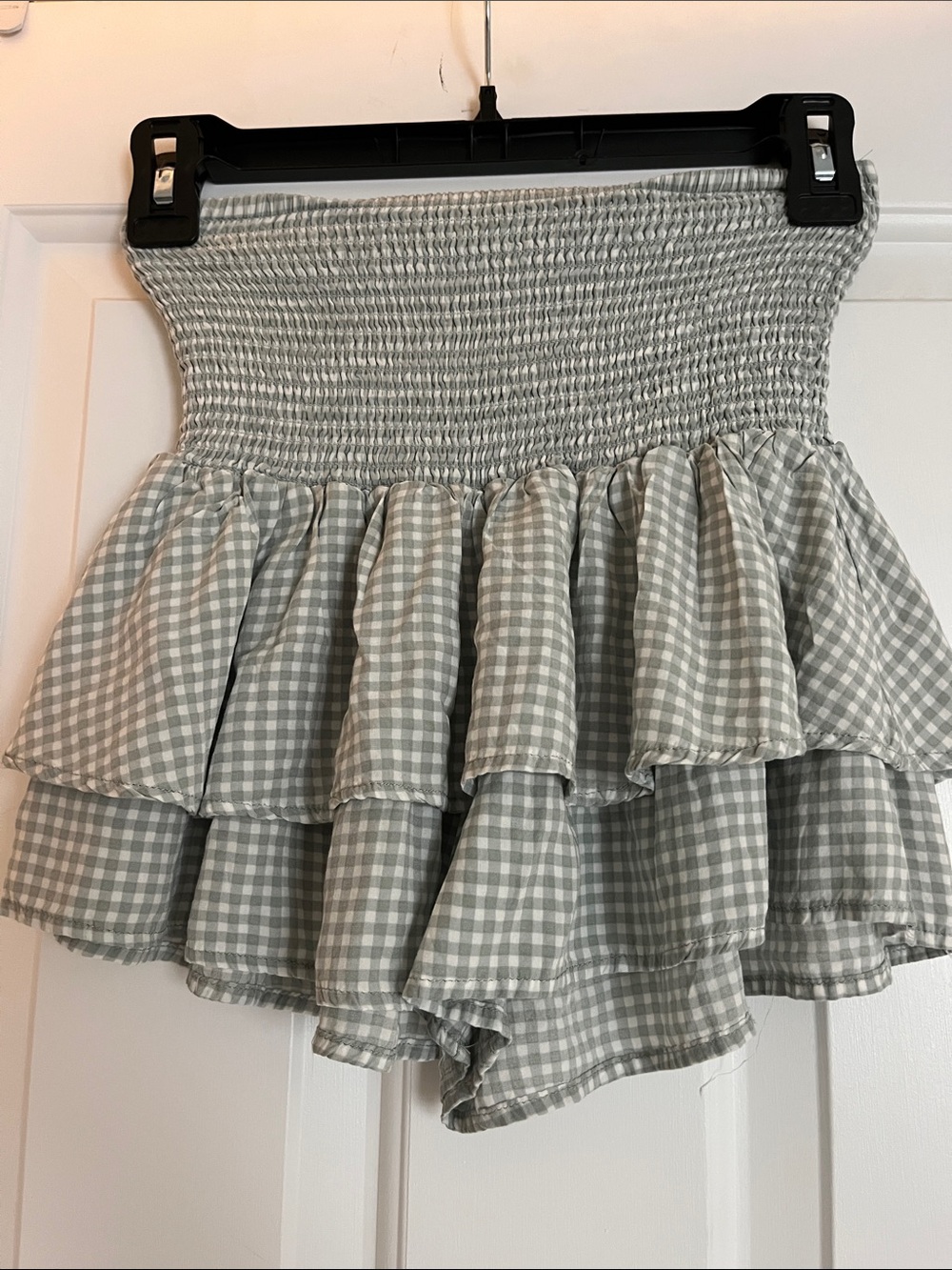 Smocked Gingham Ruffle Mini Skort - Sage green and white